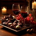 AI generated tray filled with an assortment of chocolates and two glasses of red wine