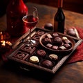 AI generated tray filled with an assortment of chocolates and two glasses of red wine