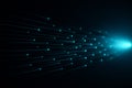AI generated turquoise data beams streaming across a dark background with glowing points representing fast network transmission Royalty Free Stock Photo