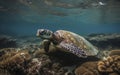 AI generated turtle swimming gracefully just below sunlit ocean surface.