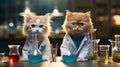 AI Generated: Two Cats in White and Red Lab Coats Conducting Chemistry Experiments in a Blurry Laboratory Background Royalty Free Stock Photo