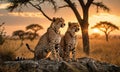 Two cheetahs are sitting on a rock in the wild. Royalty Free Stock Photo