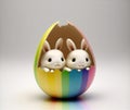 ai generated two cute bunny in a rainbow color egg