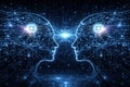 AI generated two digital human heads facing each other glowing neural networks and data chips symbolizing artificial intelligence Royalty Free Stock Photo