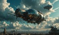A picture of a flying ship in the sky with a city in the background.