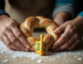 two hands holding a large challah bread with a dreidel and a number on it Royalty Free Stock Photo