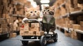 AI-Generated: Two Kittens as Forklift Drivers in a Warehouse Cart with Boxes