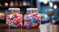 AI Generated. Two large glass jars with heart-shaped candies of different colors. Royalty Free Stock Photo