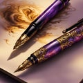 Two purple fountain pens with light golden vibrant details on a white table with an ocher watercolor design