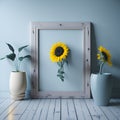 A picture frame with two sunflowers in it