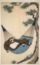 AI generated ukyio-e japanese illustration of a sloth relaxing on a hammock