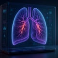 AI generated ultra detailed 3D holographic visualization of human lungs glowing in violet blue and pink floating inside a Royalty Free Stock Photo