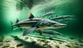 School Sturgeon Fish Underwater Clear Water River Surface Green Water Swimming AI Generated