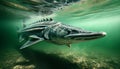 Sturgeon Fish Underwater Clear Water River Surface Green Water Swimming AI Generated