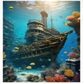 AI generated underwater wreckage of a medieval era ship with vibrant marinelife around