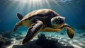 AI generated underwater sea turtle swimming in sun rays Royalty Free Stock Photo