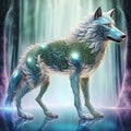 An unrealistic, four-legged wolf wearing armor of stained glass with intricate rippling detail, against an ethereal glowing forest