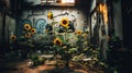 AI Generated Urban Decay and Floral Revival A Symbolic Contrast of Graffiti Art and Wilted Sunflowers