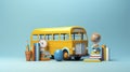 AI generated, vector illustration, americal yellow schoolbus with school accessories on a blue background