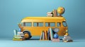 AI generated, vector illustration, americal yellow schoolbus with school accessories on a blue background.