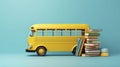 AI generated, vector illustration, americal yellow schoolbus with school accessories on a blue background.