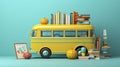 AI generated, vector illustration, americal yellow schoolbus with school accessories on a blue background.