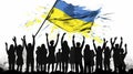 vector illustration, backview group of people, sihouettes in black color, waiste up, holding arms up with the flag of ukraine Royalty Free Stock Photo