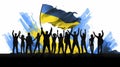 vector illustration, backview group of people, sihouettes in black color, waiste up, holding arms up with the flag of ukraine Royalty Free Stock Photo