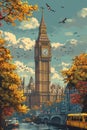 Autumnal Big Ben with Discover Tram AI Generated