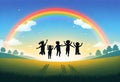 a vector illustration of children jumping and playing in the sky with the rainbow behind them