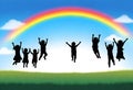 a vector illustration of children jumping in the sky with a rainbow in the background