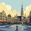 AI generated, vector illustration, flat style, main square in Brussels, the capital of Belgium. Flat design with simple colors.