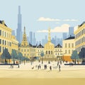 AI generated, vector illustration, flat style, main square in Brussels, the capital of Belgium. Flat design with simple colors