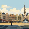 AI generated, vector illustration, flat style, main square in Brussels, the capital of Belgium. Flat design with simple colors.