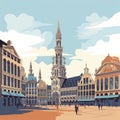 AI generated, vector illustration, flat style, main square in Brussels, the capital of Belgium. Flat design with simple colors.