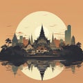 AI generated, vector illustration, flat style, view of Bangkok, the capital city of Thailand. Flat design with simple colors