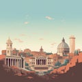 AI generated, vector illustration, flat style, view Rome, the capital city of Italy. Flat design with simple colors.