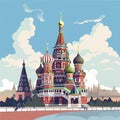 AI generated, vector illustration, flat style, view on the St. Basilâs Cathedral in Moscow, the capital of Russia. Flat design