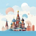 AI generated, vector illustration, flat style, view on the St. Basilâs Cathedral in Moscow, the capital of Russia. Flat design