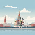AI generated, vector illustration, flat style, view on the St. Basilâs Cathedral in Moscow, the capital of Russia. Flat design