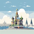 AI generated, vector illustration, flat style, view on the St. Basilâs Cathedral in Moscow, the capital of Russia. Flat design