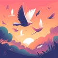 Vector illustration of flying pigeons on the background of the setting sun