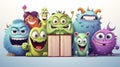 AI generated, vector illustration. Group of funny happy characters or monsters on a wooden desk. Back to school theme.