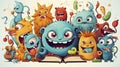 AI generated, vector illustration. Group of funny happy characters or monsters on a wooden desk. Back to school theme.