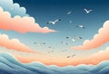 a vector illustration of seagulls flying in the sky above the ocean