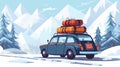 Ai generated. Vector illustration. Winter Skiing holiday trip to mountains. Cute small car with ski and snowboard, backpack Royalty Free Stock Photo