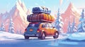 Ai generated. Vector illustration. Winter Skiing holiday trip to mountains. Cute small car with ski and snowboard, backpack Royalty Free Stock Photo