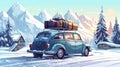 Ai generated. Vector illustration. Winter Skiing holiday trip to mountains. Cute small car with ski and snowboard, backpack Royalty Free Stock Photo