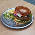 AI generated vegetarian burger with potato filling and tomato, cucumber and onion slices between two loaves of bun