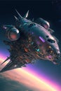 AI generated vertical illustration of a fantasy spaceship in the space